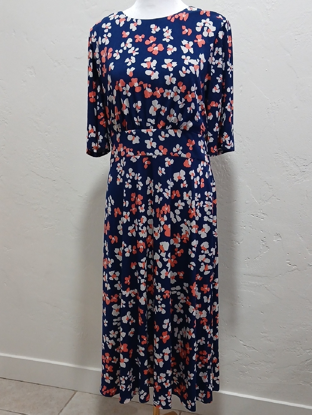 London Times Navy Midi Dress with Coral and White Floral Print